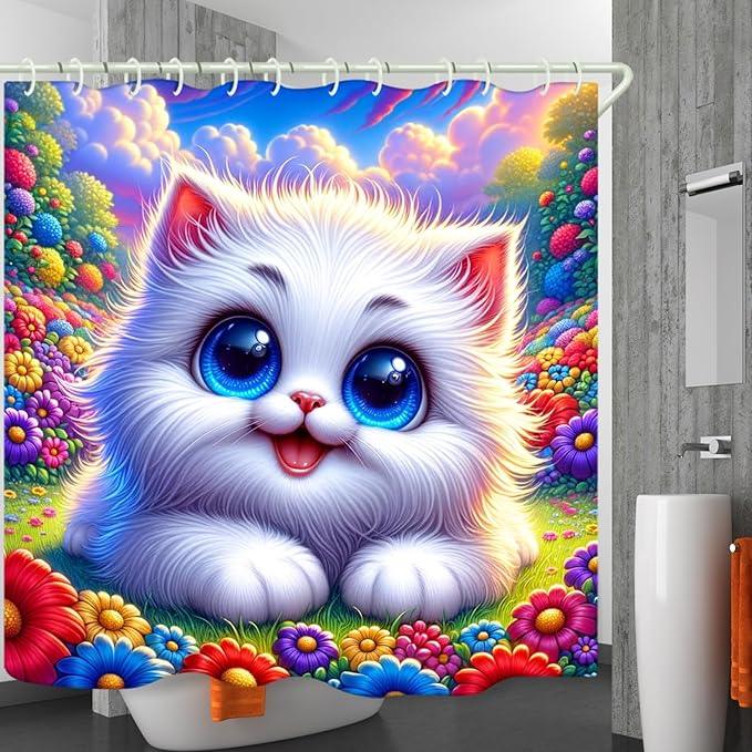 LYFANS Bathroom Using White Cat 3D Shower Curtains, Deluxe Bathtub Standard Shower Curtain, Waterproof and Bright Fabric Shower Curtain Size (72x72 Inches) - ModernBath