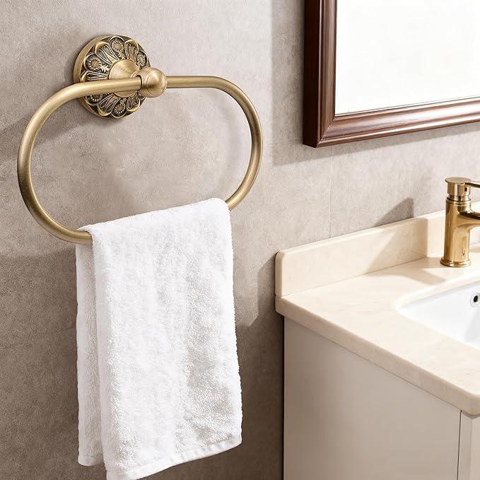 Antique Brass Toilet Paper Holder Towel Ring, Brass Towel Holder Toilet Paper Roll Holder, Rustic Vintage Oval Towel Rack Bathroom Accessories Set Hardware 2 Pieces Farmhouse Wall Mounted - ModernBath