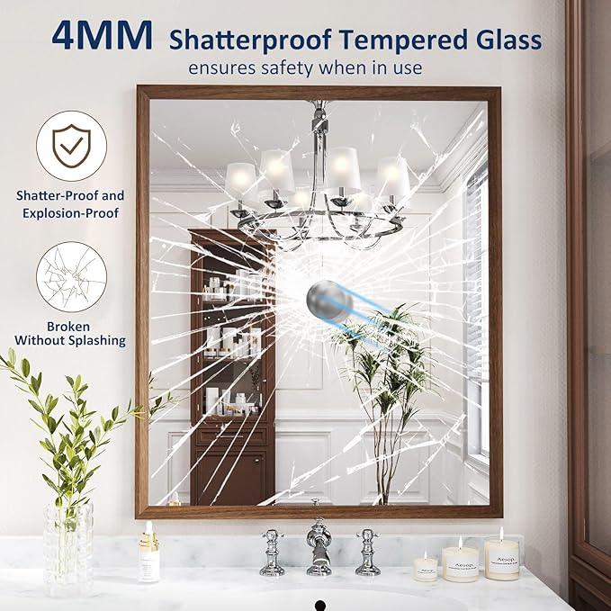 WEER Walnut Framed Mirror for Bathroom, 36x30 Inch Wall Mounted Mirror, Wood Grain Framed Vanity Mirror, Farmhouse Bathroom Mirror, Tempered Glass, Vertically or Horizontally, Anti-Rust - ModernBath