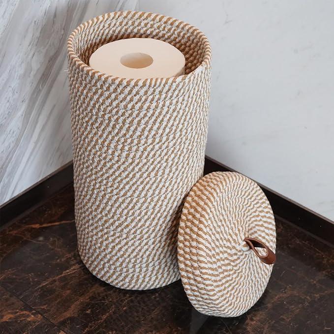 Toilet Paper Holder Handmade – Woven Toilet Paper Stand & Storage Basket with Lid, Cotton Freestanding Organizer for Bathroom, Fits 3 Rolls Cream Brown - ModernBath
