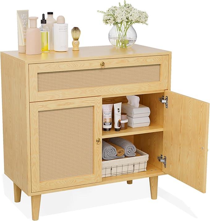 Storage Cabinet with Rattan Decor Doors & Drawer, Modern Bathroom Floor Storage Cabinet Organizer, Freestanding Cupboard for Kitchen/Living Room Use - ModernBath