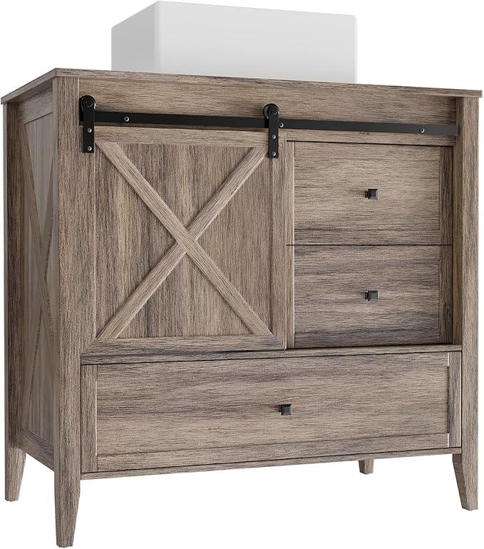 VNN Bathroom Vanity with Sink - 36 Inch Bathroom Vanity with Sink Ceramic, Freestanding Cabinet with Farmhouse Sliding Barn Door and 3 Drawers, Space-Saving Storage Cabinet, Wood Grain Texture, Grey - ModernBath