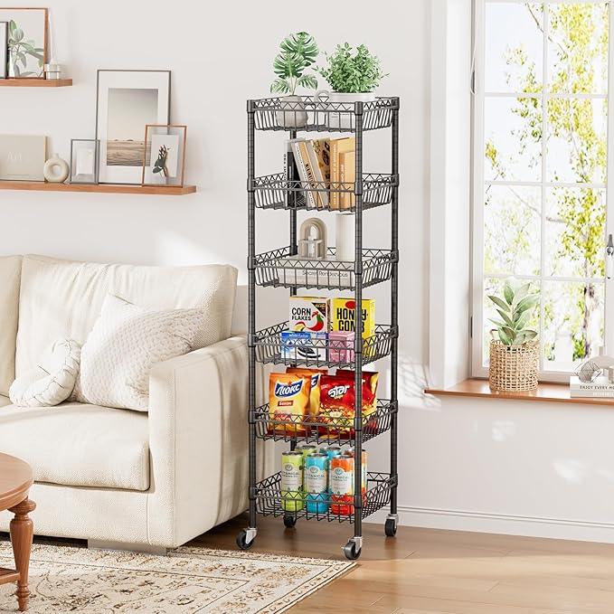 6 Shelves Storage Shelf Wire Closet Bathroom Organizers Metal Pantry Kitchen Garage Shelving Unit Laundry Room Organization Home Rack Net Basket Black with Wheels 14" Dx14 Wx64.8 H - ModernBath