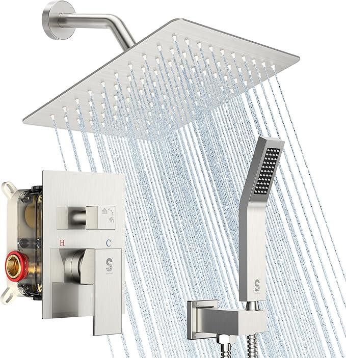 SR SUN RISE Shower Faucet Set - Shower Valve with 8 Inch Rainfall Shower Head and Handheld Shower - Wall Mounted Shower System with Rough In Valve and Shower Faucet Trim Repair Kits - Brushed Nickel - ModernBath