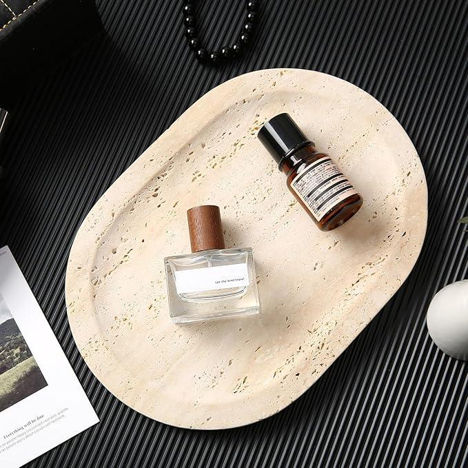 WANJINGYULE Natural Marble Decorative Tray Bathroom Counter Perfume Organizer Vanity Tray for Home Decor, Jewelry Candle, Coffee Table, Soap Holder Dresser Countertop Accessories 8"x11" Travertine - ModernBath