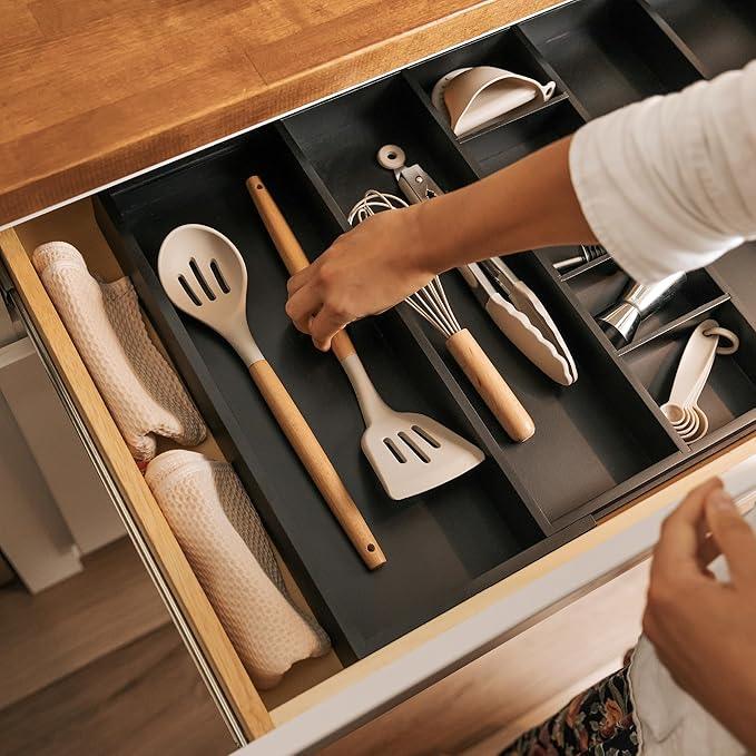 KitchenEdge Adjustable Kitchen Drawer Organizer for Utensils and Junk, Food-Safe Contract Grade with 100% Sustainable Wood, Expandable from 16 to 28 Inches Wide - Black Bamboo - ModernBath