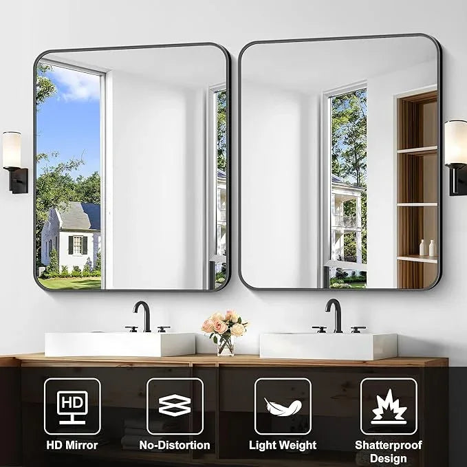 CIVENO Bathroom Mirror, 36 x 30 inch Metal Framed Black Rectangle Mirror, Rounded Corner Rectangular Vanity Mirror, Wall Mounted Mirror for Modern Bedroom Living Room Hangs Horizontal or Vertical - ModernBath