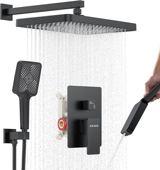 Matte Black 13-Inch Rainfall Shower System - Premium Shower Head & Handheld Sprayer, Complete Bathroom Set with Faucet Mixer Trim Kit & Valve - ModernBath