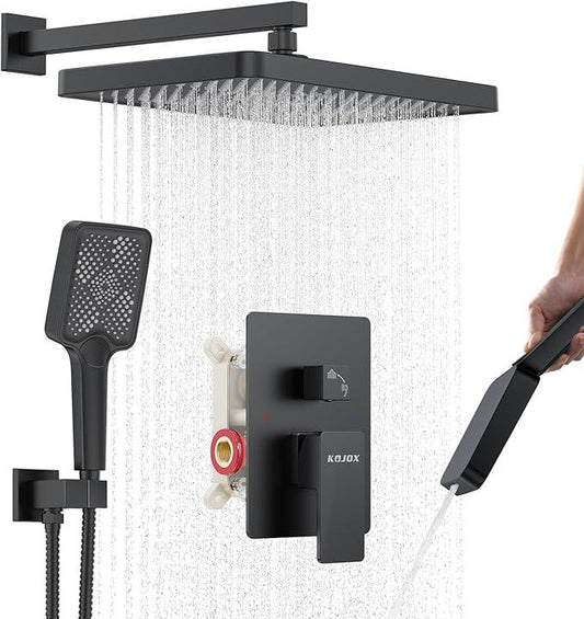 Matte Black 13-Inch Rainfall Shower System - Premium Shower Head & Handheld Sprayer, Complete Bathroom Set with Faucet Mixer Trim Kit & Valve - ModernBath