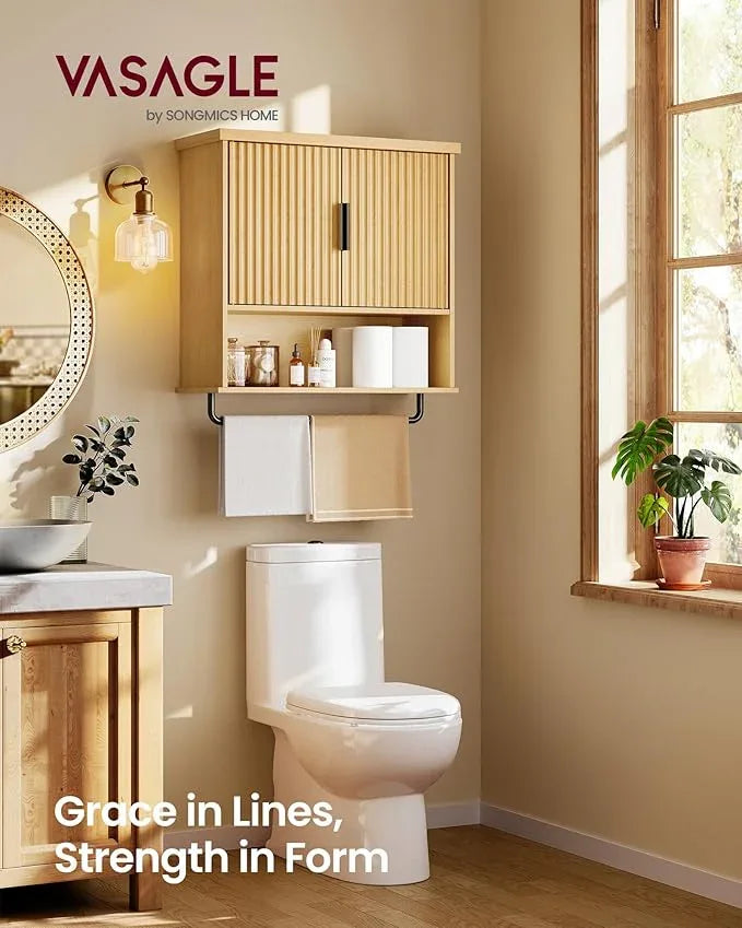 VASAGLE MAXE Collection - Bathroom Cabinet Wall Mounted, Over Toilet Hanging Cabinet with Adjustable Shelf, Towel Bar, Fluted Doors, 7.9 x 23.6 x 28.7 Inches, Transitional, Oak Beige UBBK135Y01S - ModernBath