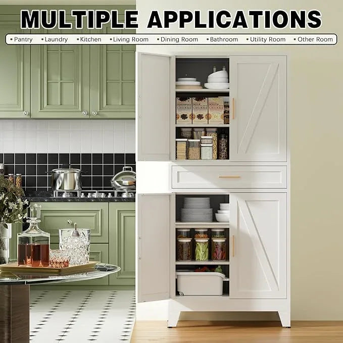 COFaR 71" Tall Kitchen Pantry, Farmhouse Storage Cabinet with Doors and Shelves, Metal Cabinet with Drawers and Legs, for Cupboard/Dining Room/Bathroom/Living Room/Office/Laundry Room (White). - ModernBath