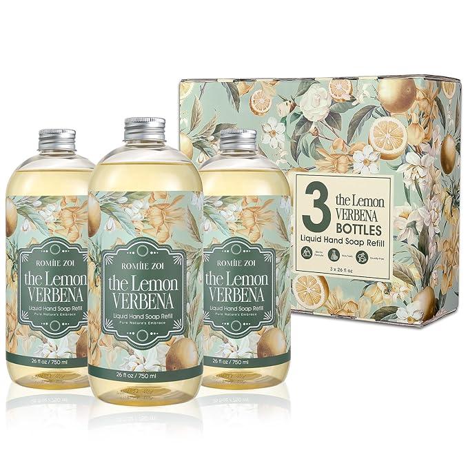 ROMIIE ZOI Liquid Hand Soap Refill Gift Set-3 Pack, Cruelty-Free and Biodegradable Formula, Moisturizing Hand Wash with Essential Oil for Sensitive Skin, Lemon Verbena Scent,(26Fl Oz x 3) - ModernBath