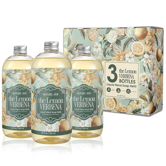 ROMIIE ZOI Liquid Hand Soap Refill Gift Set-3 Pack, Cruelty-Free and Biodegradable Formula, Moisturizing Hand Wash with Essential Oil for Sensitive Skin, Lemon Verbena Scent,(26Fl Oz x 3) - ModernBath