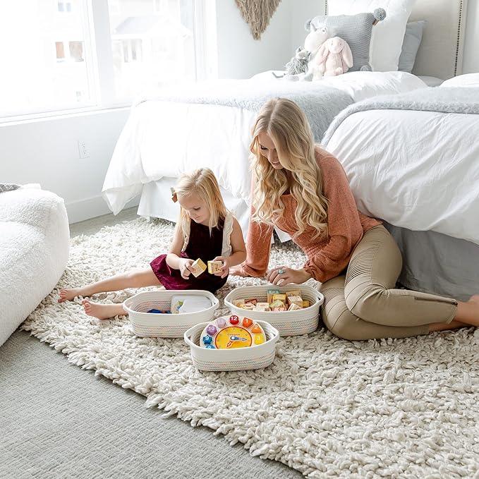 NaturalCozy 5-Piece Rectangle Storage Basket Set- Natural Cotton Rope Woven Baskets for Organizing! Small Basket for Montessori, Baby Nursery, Dog Toy Baskets, Cat Toy Box, Bathroom Organization Bin - ModernBath
