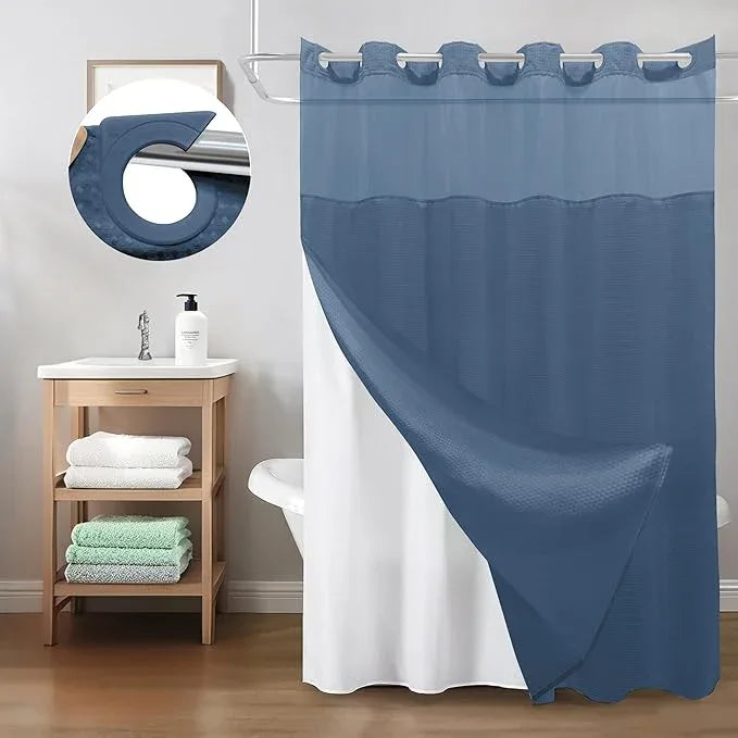 Inhousolu No Hook Shower Curtain with Snap in Fabric Liner Set Waffle Weave 230GSM Weighted Hem, Waterproof & Washable Bathroom Curtain Spa Luxury with Mesh Top Window 72" W x 72" L Moonlight Blue - ModernBath