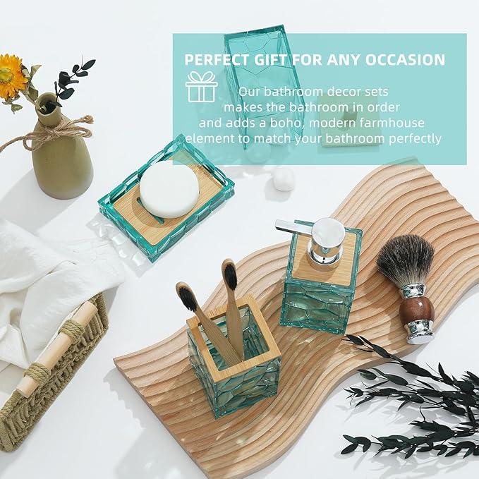 GAHEFY Teal Blue Beach Bathroom Accessories Set, Toothbrush Holder, Soap Dispenser, Cotton Swabs Holder, Soap Dish, Toilet Brush with Holder, Boho Bamboo Bathroom Decor,Acrylic (Teal) - ModernBath