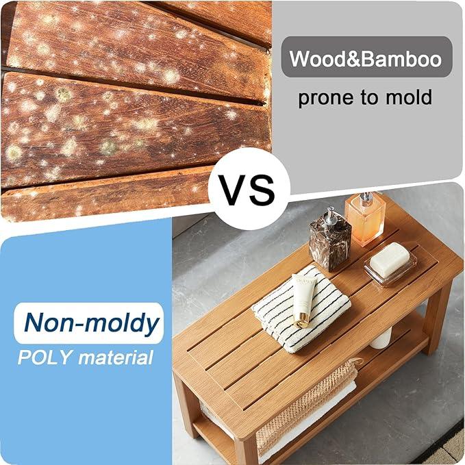 30'' Large Shower Bench Seat, Poly Lumber Bath Stool for Inside Shower Waterproof, HDPS Bathroom Chair for Shaving Legs with Adjustable Feet, Non-Slip & No Maintenance, Brown (30 x 13 Inches) - ModernBath