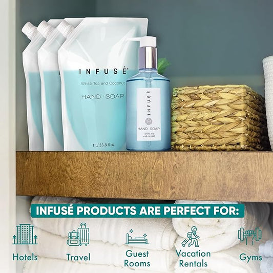 INFUSÉ 1 Liter Hand Wash Refill Bag For Soap Dispensers | Bulk Toiletries for Vacation Rentals, and Home Bathroom Showers | White Tea and Coconut | Set of 12