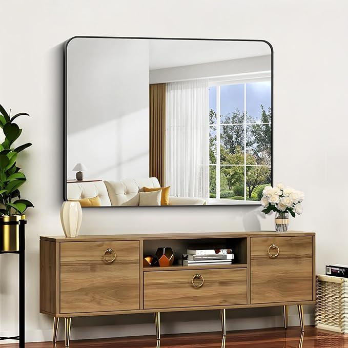 CIVENO Bathroom Mirror, 48 x 40 inch Black Rectangle Wall Mirror, Metal Frame Rectangular Vanity Mirror, Rounded Corner Wall Mounted Mirror for Modern Bedroom Living Room Hangs Horizontal/Vertical - ModernBath