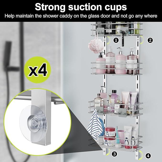 Orimade Over the Door Shower Caddy Adjustable 5 Tier Silver Grey,Bathroom Hanging Organizer Shelf Rustproof with 4 Hooks,Shower Basket with Soap Holder and Suction Cup - ModernBath