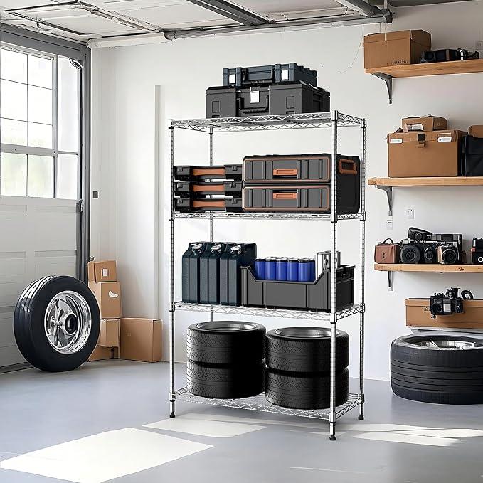 1000 lbs 4Tier Shelf Metal Storage Shelves Wire Rack Closet Organizers with Wheel for Garage Kitchen Bathroom Laundry Chrome 13.7" D x 29.5" W x 47.2" H - ModernBath