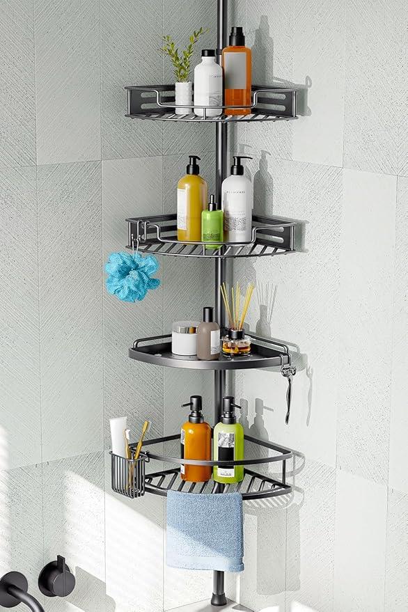 HAMITOR Corner Shower Caddy Tension Pole: Quick Installation 4-Tier Rustproof Bathroom Organizer Shelves for Bathtub Shampoo Storage - 47-121 inch Adjustable Floor Standing Bath Rack Holder Gray - ModernBath