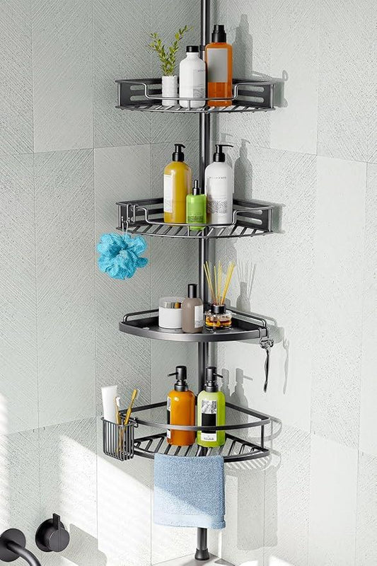HAMITOR Corner Shower Caddy Tension Pole: Quick Installation 4-Tier Rustproof Bathroom Organizer Shelves for Bathtub Shampoo Storage - 47-121 inch Adjustable Floor Standing Bath Rack Holder Gray - ModernBath