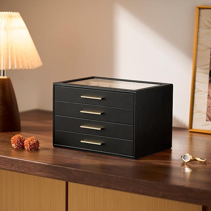 pickpiff Jewelry Box Organizer Case for Women: 4-Layer Jewelry Storage Case with Glass Window, Black Leather with Blush Velvet, Holder for Ring Necklace Bracelet Brooch Watch, Great Gift for Her - ModernBath