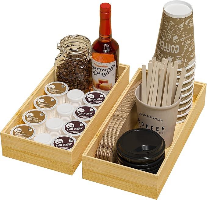 Kitchen Drawer Organizer Bins, Stackable Bamboo Drawer Organizer for Silverware, Flatware, Coffee Pod Organizer K Cup Holder for Countertop, 2 Pcs Coffee Station Organizer 12" x 6" x 2.5" - ModernBath