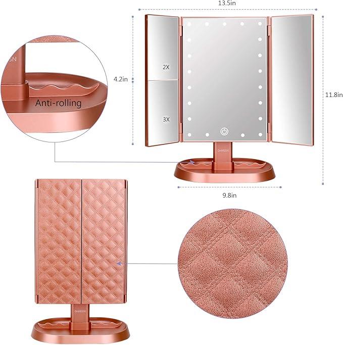 deweisn Trifold Lighted Vanity Makeup Mirror with 21 LEDs Lights,1x/2x/3x Magnification and Touch Screen Dimming,Two Power Supplies Makeup Mirror, Gift for Women - ModernBath