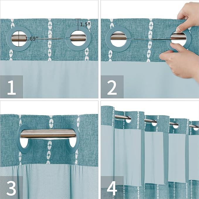 eachope No Hook Long Shower Curtain Set with Snap-in Fabric Liner,Linen Textured Thick Striped Fabric with Tassels,Boho Farmhouse Rustic Luxury Bathroom Curtain,Water-Repellent,Teal,71x80 - ModernBath
