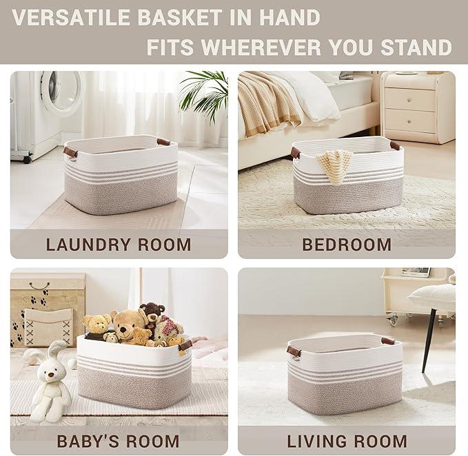 60L Large Laundry Basket with Leather Handles for Living Room Storage, Woven Rope Baskets Bin for Blanket, Kids Toy, Gifts, Wicker Hamper for Bedroom Dirty Clothes, White Brown - ModernBath