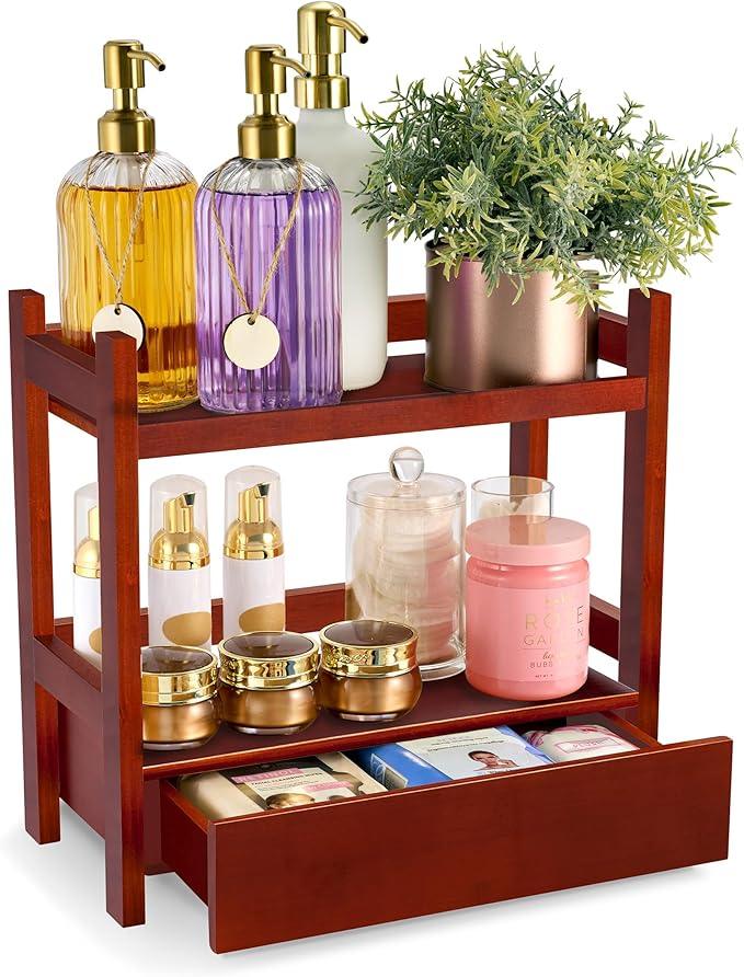 Sorbus Bamboo Bathroom Counter Organizer – 2-Tier Shelf with Hidden Drawer for Vanity, Matcha Station, Bathroom Sink Organizer Countertop, Kitchen & Office Storage (13″ L x 6.5″ W x 12.6″ H) (Brown) - ModernBath