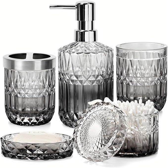 5-Piece Bathroom Accessory Set, Diamond Glass Bathroom Soap Lotion Dispenser, Toothbrush Holder, Tray, Jar, Tumbler, Luxury Vanity Organizer, Elegant Home Decor - ModernBath