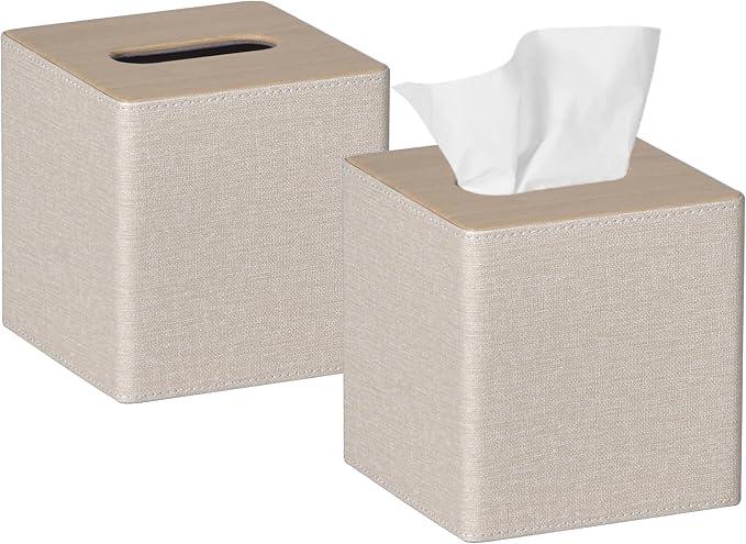 GOLRANLYE Tissue Box Cover Square 2 Pack PU Leather Facial Tissue Box Holder for Dresser Bathroom Decor (Beige) - ModernBath