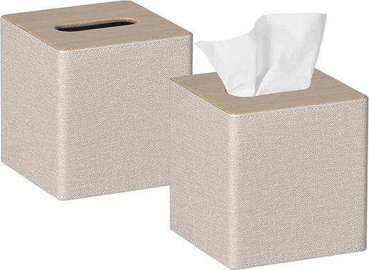 GOLRANLYE Tissue Box Cover Square 2 Pack PU Leather Facial Tissue Box Holder for Dresser Bathroom Decor (Beige) - ModernBath