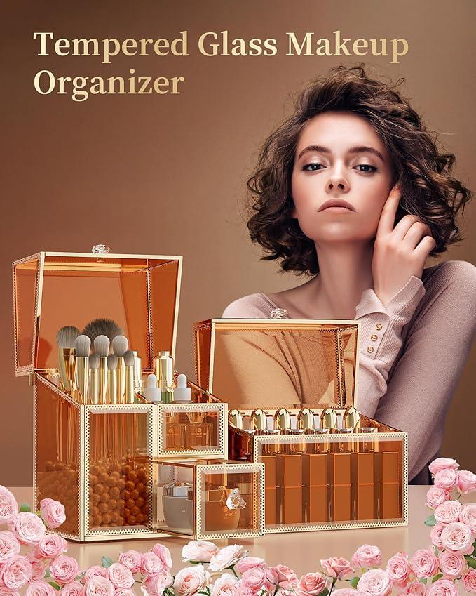 CoralHouse Makeup Organizer Countertop Set – Vanity Holder with 18-Slot Lipstick Organizer & Covered Makeup Brush Holder – Skincare, Perfume & Cosmetic Display for Bathroom or Dresser - ModernBath