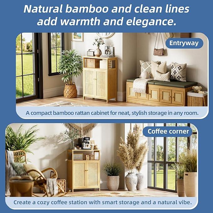 HITNET Rattan Bathroom Storage Cabinet, Bamboo Floor Cupboard with 2 Doors, Freestanding Side Organizer for Living Room, Kitchen, Entryway, Natural - ModernBath