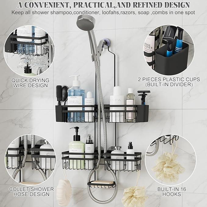 STAHLHEART Shower Caddy Hanging for Bathroom Organizers and Storage - 3-Tier Adjustable Anti-Swing Shower Organizer Hanging with Heavy-Duty Suction Cups, Damage-Free Rustproof (Black) - ModernBath