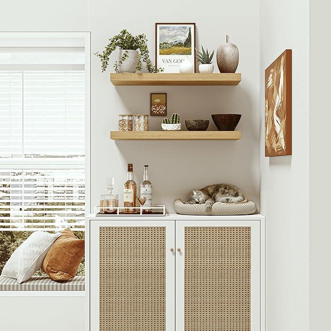 Vivelove Oak Floating Shelves 24 inchs Long, 9.1” Deep Bathroom Shelves Wall Mounted for Bedroom, Living Room, Kitchen, Office, Rustic Home Decor, Wall Shelves with Invisible Brackets, Set of 2 - ModernBath