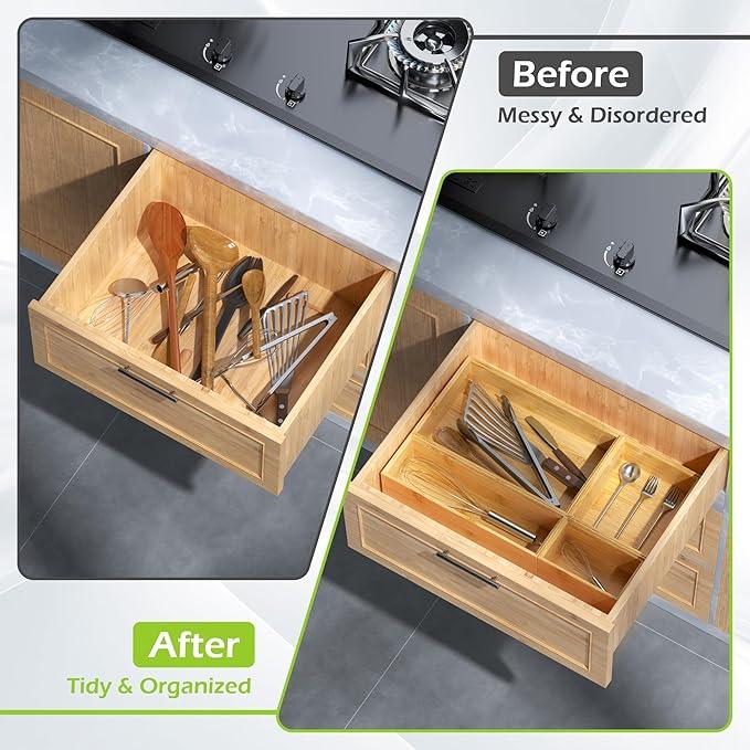 Bathroom Drawer Organizer Trays, Bamboo Silverware Drawer Organizer Kitchen Utensils, 8 PCS Wood Box Stackable Bins for Makeup, Office Desk, Vanity, Junk Drawer - ModernBath