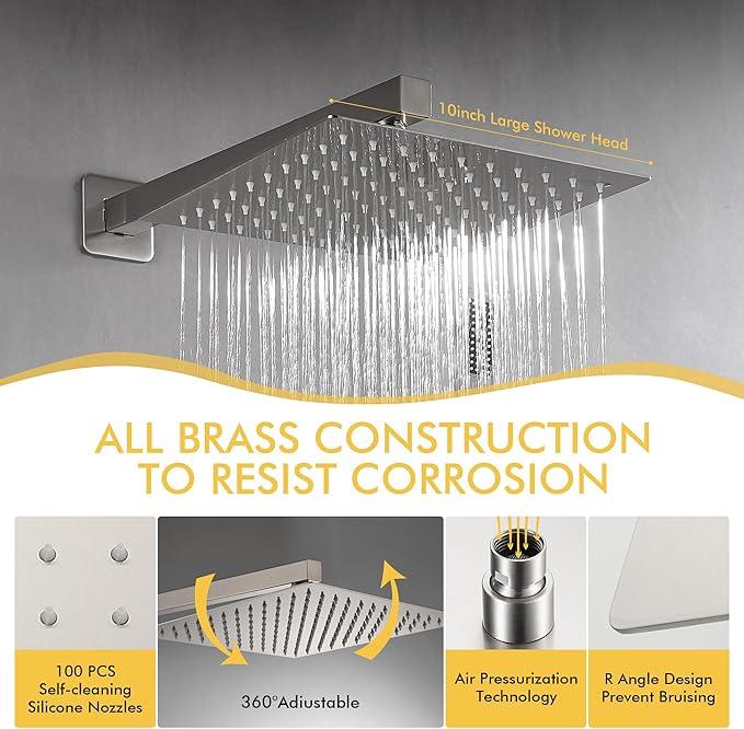 Fransiton Shower Faucet set with Shower head 10 Inches Rainfall Shower Head and Handle Set Single Handle Wall Mounted Shower System Set with Female Threads Valve Body(Brushed Nickel) - ModernBath