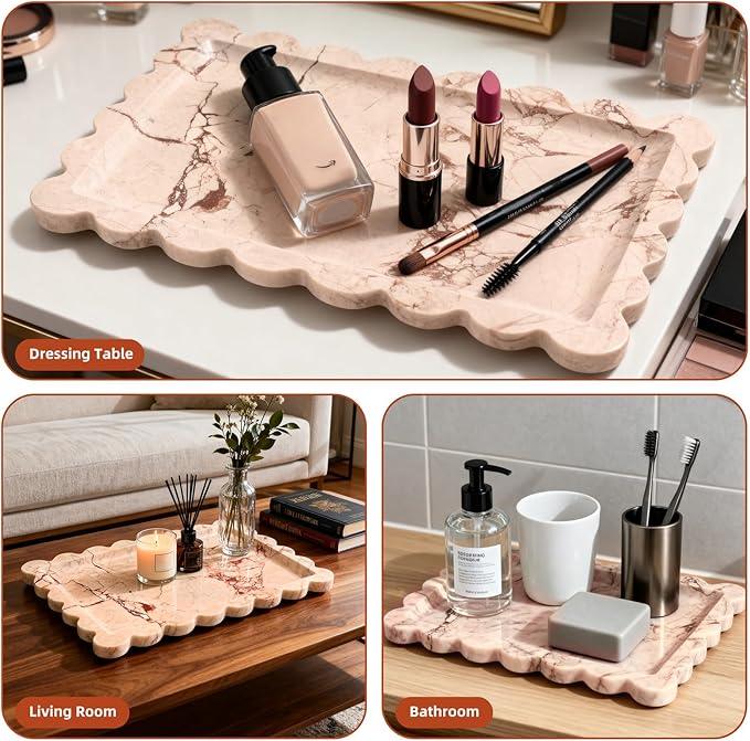 Yew & Tulip Natural Marble Vanity Tray with Scalloped Rim, Nature Rose Pink Luxury Stone Serving Tray for Bathroom, Kitchen, Vanity, Home Decor, Wedding etc. (12"x 8" x 0.6") - ModernBath