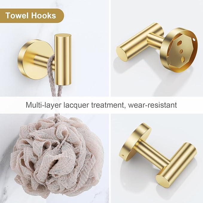 Lairuier 5 Pieces Brushed Gold Bathroom Accessories Set, 23.6 Inch Bath Towel Bar Set, SUS304 Stainless Steel Bathroom Hardware Set Round Toilet Paper Holder Set Wall Mounted - ModernBath