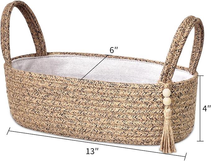 ABenkle Small Storage Basket for Toilet Tank Top - Jute Rope Woven Organizer with Handle, Boho Countertop Bathroom Decor, Toilet Paper Holder, 13x6x4 Inch - ModernBath
