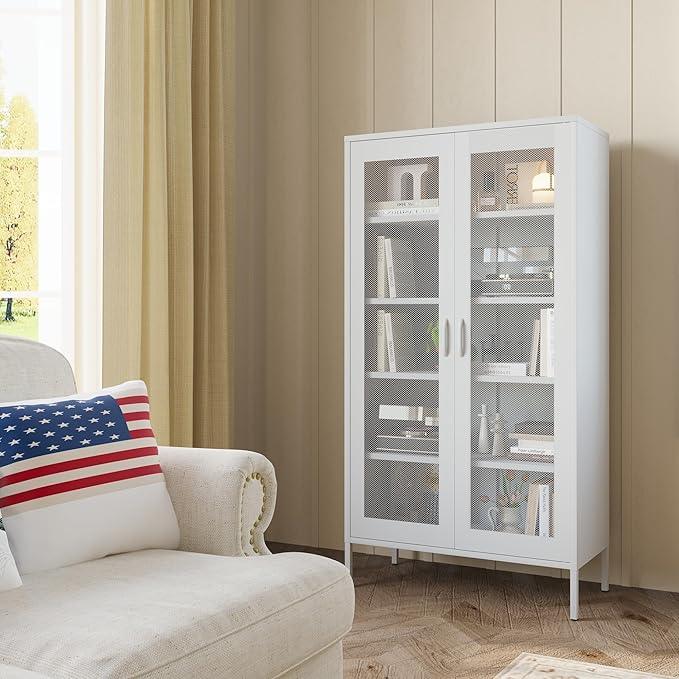 COFaR Modern Mesh Storage Cabinet, Free Standing Tall Pantry, Cupboard Metal Display Cabinet for Living Room, Kitchen, Dining Room - ModernBath