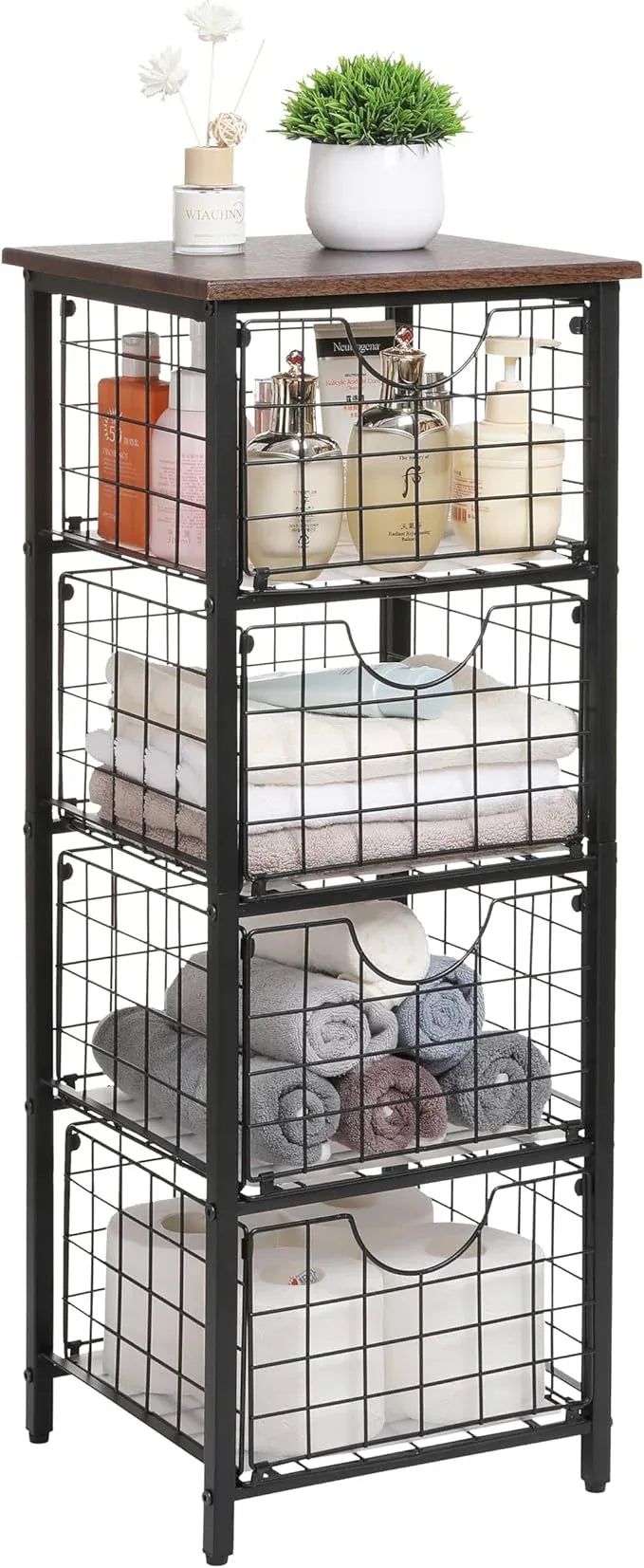 5-Tier FreeStanding Storage Shelves with 4 Pull-Out Baskets,Bathroom Organizer Shelves Unit with WoodTop,Fruit Basket for Kitchen,Storage Tower Organizer Basket Cart for Bathroom，Black - ModernBath