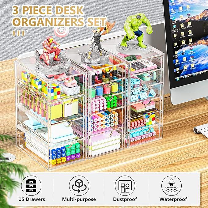Acrylic 3 Pack Desk Organizers and Accessories, Makeup Organizer Storage With 15 Drawers, Desk Organizers, Dustproof Drawer Organizer and Storage for Make Up, Jewelry, DIY Pen - ModernBath