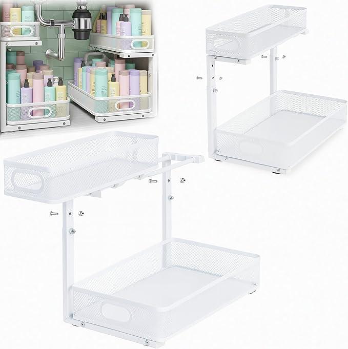 2 Pack Under Sink Organizer, Dual-Layer Pull Out Mesh Cabinet Rack with 5-Level Height Adjustment, Rust-Resistant Sliding Storage for Bathroom & Kitchen, Multi-Purpose 2-Tier Shelf - ModernBath