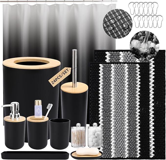 SLDIYWOW Black Bathroom Accessories Set, Bathroom Sets with Shower Curtain and Rugs for Home Decor/Housewarming - ModernBath